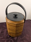 Vintage Faux Woodgrain Ice Bucket With Lid   Tongs     Retro Barware 1970s