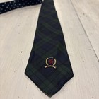 Vintage Tommy Hilfiger Silk Boys Tie Green   Blue Plaid With Embroidered Crest   