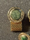 Vintage Gold Tone Cufflinks And Lapel Pin Jewelry Set With Green Stones   Mesh