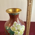 Chinese Cloisonne Vase Cinnabar Red Peony Floral 10  Vintage Turquise Base