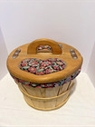 Vintage Wooden Sewing Basket Box W Pin Cushions Fabric Lined Farmhouse Cottage