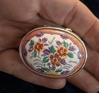 Vtg Tin Oval Pill Box Hinged Rounded Top Flowers Metal 1 75    Trinket Silver Nos