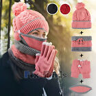 4 In 1 Winter Hat Scarf Gloves   Mask Set  Warm Knit Beanie Pompom Cap For Women
