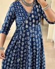 Women Navy Blue Printed Anarkali Kurta Pant Set Indian Ethnic Flared Suit