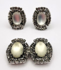 Vtg Prong Set White Glass Moonstone And Rhinestone Brooch   Earrings 1950s
