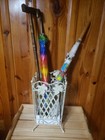 Vtg Umbrella walking Stick Cane Holder stand Beige Metal Design 16 5  W tray