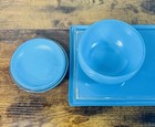 Antique Art Deco Blue Glass Vanity Powder Jar And Tray 1960s Vintage