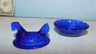 Cobalt Blue  Glass Hen On Nest Mini Animal Covered Salt Cellar Basket Weave 2 5 
