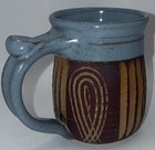 Handmade Studio Pottery Mug Signed Greer Blue Glaze Brown Sgraffito Rustic Artis