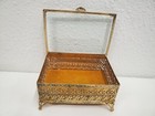 Vintage Gold Tone Filigree Jewelry Box With Beveled Glass Trinket Vanity chips