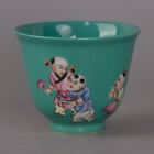 Fine Chinese Old Green Famille Rose Boy Pattern Porcelain Teacup Cup Mark