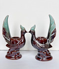 2 Vintage  6 5     Tall Brown   Turquoise Ceramic Pheasants  Candle Holders japan