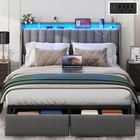 Full Queen Metal Bed Frame With Storage Drawers   Upholstered Charging Headboard