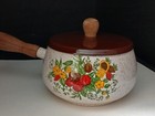 Vtg 60s Enamelware Mcm Fondue Pot W lid wood Handle knob kitchen Cookware