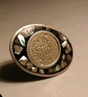 Vintage Alpaca Mexico Inlaid Abalone Aztec Calander Pill Trinket Box