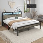 Full Queen King Bed Frame With Charging Station And 2-in-1 Storage Headboard