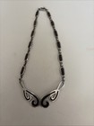 Vtg Modern Taxco Mexico Sterling Silver Blk  Inlay Scroll Necklace  63 9gm