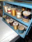 Big Mixed Lot 45  Old Vintage Wood Spools Thread Accordion Holder Candy Box Full