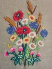 Vintage Yarn Crewel Embroidered Flowers Summer Meadow Wall Art Picture Framed