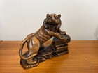 Vintage Handcarved Wooden Lion Figure Statue Bookend  9  Tall  12  Wide  5  Deep