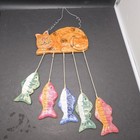 Cat And Fish Wind Chime Pottery Ceramic Wall Art Hanging Whimsical  Hand Painted