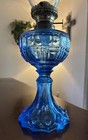      Rare 1890   s Antique Eapg Highly Detailed Blue Glass Kerosene Oil Lamp     
