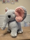 Large Crochet Elephant Plush Light Gray With Pink Ears Handmade Stuffed Elephant