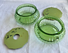 Vintage Vanity Set-green Glass - Hair Receiver   Powder Jar W  Celluloid Lids