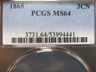 1865 Copper Nickel Three Cent Piece 3cp ---- Ms-64 Pcgs Graded ----  406c