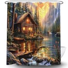 Rustic Cabin Shower Curtain For Bathroom  Country Lodge Bass Fish Lake Fishing 