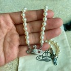 Vivienne Westwood Mini Bas Relief Pearl Choker Crystal Orb Necklace Silver