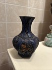 Vintage Chinese Blue Cinnabar Lacquer Vase Carved Geisha Floral Blue Enamel 6   