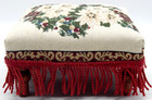 Floral Needlepoint Wooden Square Round Legged Fringed Footstool Vintage