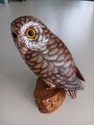 Vtg Hand Carved   Painted Wooden Perched Owl Bird Figurine Wood Base Folk Art 5 