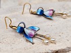 Rare  Vintage Floral Guilloche  Enameled Sterling Silver Pearl Dangle Earrings