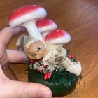 Vintage Pixie Elf Figurine Leaning On Mushroom Japan Whimsy 4inch Wood plastic