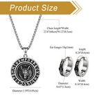3pcs Mens Retro Viking Wolf Totem Pendant Necklace Huggie Hoop Rune Earrings Set