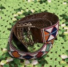 Vintage Beaded Art Leather Belt Brown Aztec Southwestern Native American Boho