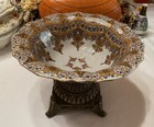 11   w Ornate Porcelain Pedestal Bowl W  Brass Stand  Victorian Style Centerpiece 