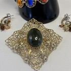 Vintage Jewelry Lot Filigree Brooch And Multicolor Cabochon Bracelet Earrings