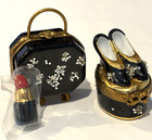3-pc Limoges France Peint Main Trinket Makeup Bag-purse W  Lipstick-shoes On Box