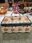 Wicker Sewing Basket Vintage Small Woven Sewing Box Green In Good Condition
