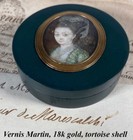 Antique 18c French Portrait Miniature Snuff Or Patch Box  18k Gold Vernis Martin