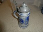 Vintage Stoneware Blue Glazed Man Women Dog House Lidded Beer Stein 8  Tall