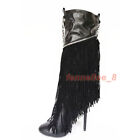 Women Knee High Boots Tassels Thin High Heels Chain Zipper Party Shoes Size 4-15