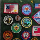 Vintage Boy Scout Bsa Green Felt Banner Patches Pins 1970s Wooden Dowel Hanging