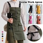 Denim Work Apron Unisex Jean Apron With Pockets Uniform Work Clothes Grill Cafes