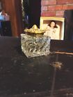 Vintage Crystal Cube Inkwell W  Ornate Brass Lid     Swirl Cut Glass Square