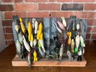 Vintage Fishing Lure Collection On Antique Minnow Trap Wood Heddon Style Display