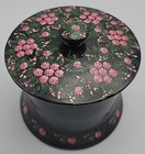 Vintage Russian Wooden Hand Painted Black Lacquer Trinket Box Pink Floral Lid